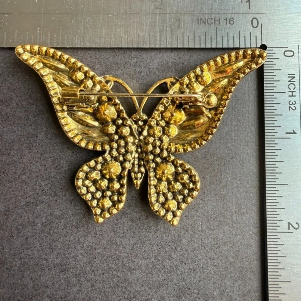Red Rhinestone Butterfly Brooch Pin AB Iridescent Gold Tone Statement Jewelry